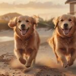 A golden retriever happily running on a sandy beach at sunset, with a rustic, cozy beachfront vacation home visible in the background. Photorealistic, warm lighting, soft focus on the dog, no text.