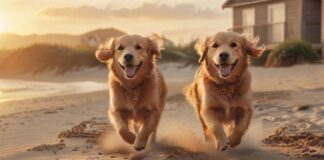 A golden retriever happily running on a sandy beach at sunset, with a rustic, cozy beachfront vacation home visible in the background. Photorealistic, warm lighting, soft focus on the dog, no text.