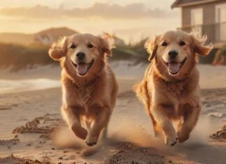Urlaub mit Hund Ferienwohnung: So finden Sie die ideale Unterkunft! A golden retriever happily running on a sandy beach at sunset, with a rustic, cozy beachfront vacation home visible in the background. Photorealistic, warm lighting, soft focus on the dog, no text.