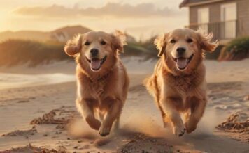 A golden retriever happily running on a sandy beach at sunset, with a rustic, cozy beachfront vacation home visible in the background. Photorealistic, warm lighting, soft focus on the dog, no text.