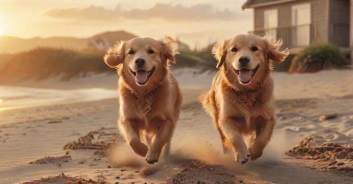 A golden retriever happily running on a sandy beach at sunset, with a rustic, cozy beachfront vacation home visible in the background. Photorealistic, warm lighting, soft focus on the dog, no text.