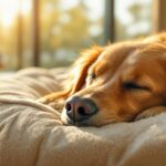 Urlaub mit Hund Hotel: So finden Sie das perfekte Hundehotel für Ihren Urlaub! Hyperrealistic close-up of a golden retriever peacefully asleep on a plush dog bed in a luxurious hotel suite. Warm sunlight streams from a large window, illuminating the dog and room. Shallow depth of field, focus on the dog's serene face. No text. Photorealistic detail, natural lighting, artefact-free.