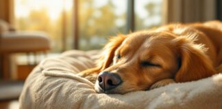 Hyperrealistic close-up of a golden retriever peacefully asleep on a plush dog bed in a luxurious hotel suite. Warm sunlight streams from a large window, illuminating the dog and room. Shallow depth of field, focus on the dog's serene face. No text. Photorealistic detail, natural lighting, artefact-free.