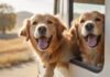 Urlaub mit Hund im Wohnmobil: Der ultimative Ratgeber für entspannte Ferien! A golden retriever happily looks out of a moving RV window, tongue out, ears flapping in the wind. Sunny day, blurred countryside background, warm lighting. Hyperrealistic, no text, focus on dog's joyful expression.