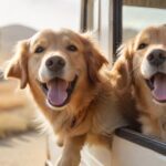 A golden retriever happily looks out of a moving RV window, tongue out, ears flapping in the wind. Sunny day, blurred countryside background, warm lighting. Hyperrealistic, no text, focus on dog's joyful expression.