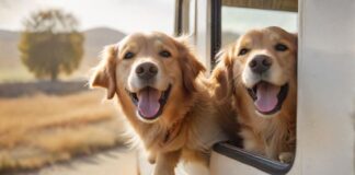 A golden retriever happily looks out of a moving RV window, tongue out, ears flapping in the wind. Sunny day, blurred countryside background, warm lighting. Hyperrealistic, no text, focus on dog's joyful expression.