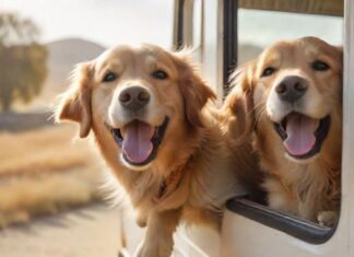 Urlaub mit Hund im Wohnmobil: Der ultimative Ratgeber für entspannte Ferien! A golden retriever happily looks out of a moving RV window, tongue out, ears flapping in the wind. Sunny day, blurred countryside background, warm lighting. Hyperrealistic, no text, focus on dog's joyful expression.