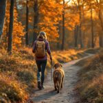 Urlaub mit Hund Wanderhotel: Die schönsten Hotels für Wanderfreunde mit Vierbeinern! Hyperrealistic photograph. Woman with brown Labrador hiking on a mountain trail in the Bavarian Alps, Germany. Autumn forest. Golden hour sunset lighting. Shallow depth of field, focus on woman and dog. No text. Extremely detailed textures, natural colors, photorealistic.