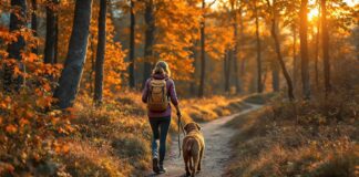 Hyperrealistic photograph. Woman with brown Labrador hiking on a mountain trail in the Bavarian Alps, Germany. Autumn forest. Golden hour sunset lighting. Shallow depth of field, focus on woman and dog. No text. Extremely detailed textures, natural colors, photorealistic.
