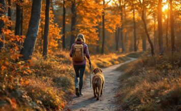 Hyperrealistic photograph. Woman with brown Labrador hiking on a mountain trail in the Bavarian Alps, Germany. Autumn forest. Golden hour sunset lighting. Shallow depth of field, focus on woman and dog. No text. Extremely detailed textures, natural colors, photorealistic.