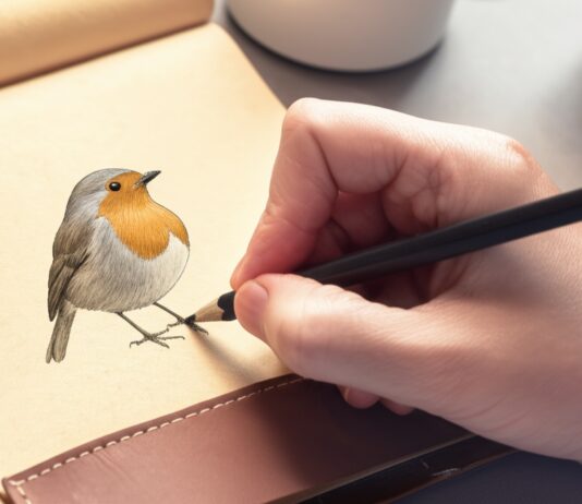 Hyperrealistic close-up of a hand delicately sketching a vibrant robin in a worn leather sketchbook. Soft, diffused natural light from a nearby window illuminates the textured paper and the subtle details of the hand's skin and pencil grip. Focus on the intricate feather details of the unfinished robin drawing, emphasizing depth and shading. No text.