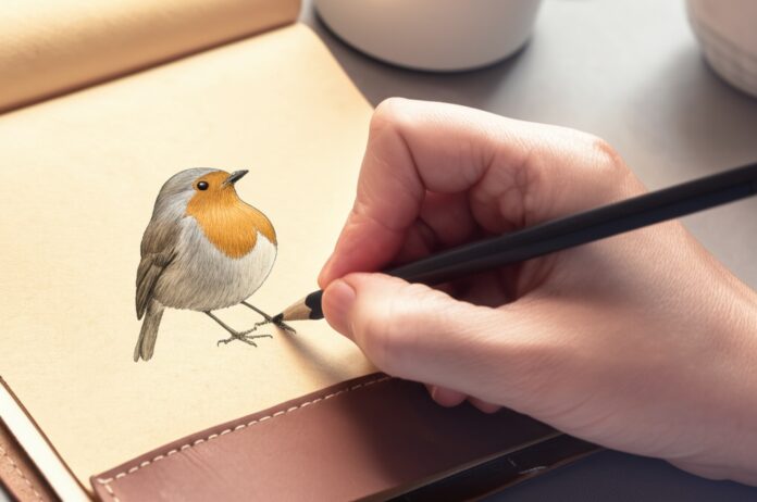 Hyperrealistic close-up of a hand delicately sketching a vibrant robin in a worn leather sketchbook. Soft, diffused natural light from a nearby window illuminates the textured paper and the subtle details of the hand's skin and pencil grip. Focus on the intricate feather details of the unfinished robin drawing, emphasizing depth and shading. No text.
