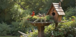 A lush, vibrant garden teeming with life. Several small, colorful birds perched on branches of native berry bushes and wild apple trees. Bird bath, wooden birdhouse. Sunlight, depth of field, hyperrealistic, photorealistic, no text.