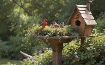 A lush, vibrant garden teeming with life. Several small, colorful birds perched on branches of native berry bushes and wild apple trees. Bird bath, wooden birdhouse. Sunlight, depth of field, hyperrealistic, photorealistic, no text.