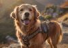 A hyperrealistic close-up shot of a happy golden retriever wearing a hiking harness and backpack, sitting on a mountain trail overlooking a valley. Dramatic lighting, golden hour, depth of field. No text.