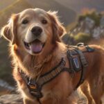 Wandern mit Hund Ausrüstung: Alles, was Sie für Ihre Abenteuer brauchen! A hyperrealistic close-up shot of a happy golden retriever wearing a hiking harness and backpack, sitting on a mountain trail overlooking a valley. Dramatic lighting, golden hour, depth of field. No text.