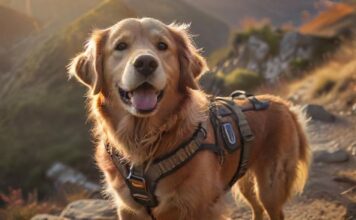 Wandern mit Hund Ausrüstung: Alles, was Sie für Ihre Abenteuer brauchen! A hyperrealistic close-up shot of a happy golden retriever wearing a hiking harness and backpack, sitting on a mountain trail overlooking a valley. Dramatic lighting, golden hour, depth of field. No text.