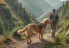 A golden retriever and its owner hiking on a sunny mountain trail, lush green forest background, dog wearing a hiking backpack, panoramic view, hyperrealistic, no text.
