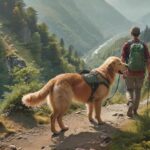 Wandern mit Hund: Die schönsten Routen & Tipps für unvergessliche Touren! A golden retriever and its owner hiking on a sunny mountain trail, lush green forest background, dog wearing a hiking backpack, panoramic view, hyperrealistic, no text.