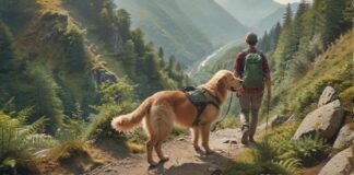 A golden retriever and its owner hiking on a sunny mountain trail, lush green forest background, dog wearing a hiking backpack, panoramic view, hyperrealistic, no text.