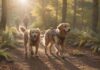Wandern mit Hund: Gemeinsam die Natur entdecken! A golden retriever with a dog backpack and harness trots happily along a sun-dappled forest trail, beside a hiker with hiking poles. Shallow depth of field, warm golden hour lighting. Hyperrealistic, photorealistic, no text.