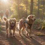 A golden retriever with a dog backpack and harness trots happily along a sun-dappled forest trail, beside a hiker with hiking poles. Shallow depth of field, warm golden hour lighting. Hyperrealistic, photorealistic, no text.