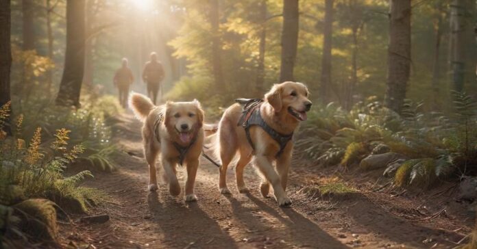 A golden retriever with a dog backpack and harness trots happily along a sun-dappled forest trail, beside a hiker with hiking poles. Shallow depth of field, warm golden hour lighting. Hyperrealistic, photorealistic, no text.