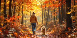 Hyperrealistic photorealistic image: A woman and a golden retriever dog are hiking on a winding forest path in peak autumn foliage. Vibrant red, orange, and yellow leaves cover the ground and trees. Sunlight filters through the dense canopy, creating dappled light and shadows. Shallow depth of field, sharp focus on the woman and dog, blurring the background forest. Warm, natural lighting. Peaceful, serene, joyful mood of companionship. No text in the image.