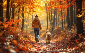 Wandern mit Hund Jahreszeit: Wann ist die beste Zeit für Wanderabenteuer mit Ihrem Vierbeiner? Hyperrealistic photorealistic image: A woman and a golden retriever dog are hiking on a winding forest path in peak autumn foliage. Vibrant red, orange, and yellow leaves cover the ground and trees. Sunlight filters through the dense canopy, creating dappled light and shadows. Shallow depth of field, sharp focus on the woman and dog, blurring the background forest. Warm, natural lighting. Peaceful, serene, joyful mood of companionship. No text in the image.