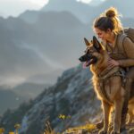 Wandern mit Hund Mehrtagestour: So planen Sie unvergessliche Wanderabenteuer! Hyperrealistic, cinematic wide shot: A woman in hiking gear smiles down at her panting German Shepherd dog on a rugged mountain trail, backpacks visible. Golden hour morning light illuminates dust motes in the air, casting long shadows. Vast mountain range vista, textured rocks and foliage. Focus on hyperrealism, no text in image.