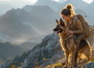 Hyperrealistic, cinematic wide shot: A woman in hiking gear smiles down at her panting German Shepherd dog on a rugged mountain trail, backpacks visible. Golden hour morning light illuminates dust motes in the air, casting long shadows. Vast mountain range vista, textured rocks and foliage. Focus on hyperrealism, no text in image.