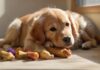 Was kostet ein Hund wirklich? – Alle Kostenpunkte im Überblick! A golden retriever puppy sits amidst various dog supplies: food bowls, toys, leash, collar, and a dog bed. Soft, natural light illuminates the scene, highlighting the puppy's fur and the textures of the items, no text