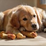 Was kostet ein Hund wirklich? – Alle Kostenpunkte im Überblick! A golden retriever puppy sits amidst various dog supplies: food bowls, toys, leash, collar, and a dog bed. Soft, natural light illuminates the scene, highlighting the puppy's fur and the textures of the items, no text