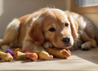 Was kostet ein Hund wirklich? – Alle Kostenpunkte im Überblick! A golden retriever puppy sits amidst various dog supplies: food bowls, toys, leash, collar, and a dog bed. Soft, natural light illuminates the scene, highlighting the puppy's fur and the textures of the items, no text