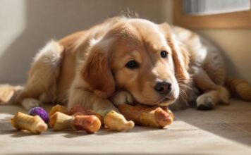A golden retriever puppy sits amidst various dog supplies: food bowls, toys, leash, collar, and a dog bed. Soft, natural light illuminates the scene, highlighting the puppy's fur and the textures of the items, no text