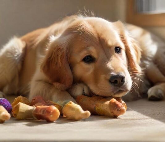 A golden retriever puppy sits amidst various dog supplies: food bowls, toys, leash, collar, and a dog bed. Soft, natural light illuminates the scene, highlighting the puppy's fur and the textures of the items, no text