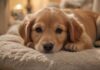 Welpe alleine lassen: So klappt es von Anfang an – Training & Tipps! A hyperrealistic close-up of an adorable golden retriever puppy, lying calmly in a cozy dog bed. Soft, warm lighting highlights the puppy's fur. A chew toy is nearby. Background is a blurred living room. No text.