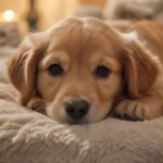 Welpe alleine lassen: So klappt es von Anfang an – Training & Tipps! A hyperrealistic close-up of an adorable golden retriever puppy, lying calmly in a cozy dog bed. Soft, warm lighting highlights the puppy's fur. A chew toy is nearby. Background is a blurred living room. No text.
