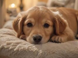 A hyperrealistic close-up of an adorable golden retriever puppy, lying calmly in a cozy dog bed. Soft, warm lighting highlights the puppy's fur. A chew toy is nearby. Background is a blurred living room. No text.