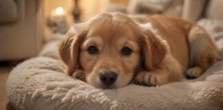 A hyperrealistic close-up of an adorable golden retriever puppy, lying calmly in a cozy dog bed. Soft, warm lighting highlights the puppy's fur. A chew toy is nearby. Background is a blurred living room. No text.
