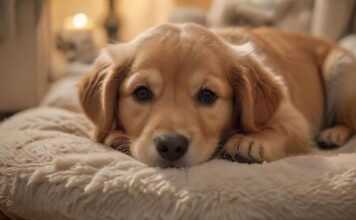 A hyperrealistic close-up of an adorable golden retriever puppy, lying calmly in a cozy dog bed. Soft, warm lighting highlights the puppy's fur. A chew toy is nearby. Background is a blurred living room. No text.