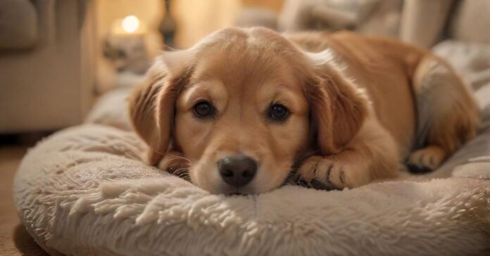 A hyperrealistic close-up of an adorable golden retriever puppy, lying calmly in a cozy dog bed. Soft, warm lighting highlights the puppy's fur. A chew toy is nearby. Background is a blurred living room. No text.