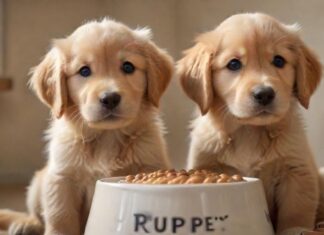 A hyperrealistic close-up of an adorable, golden retriever puppy with big, expressive eyes and soft, fluffy fur, sitting next to a bowl of premium puppy food. Warm, natural lighting highlights the textures of the fur and food. Background is softly blurred.