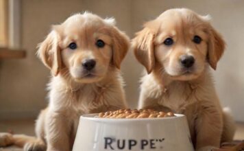 Welpenfutter: Der optimale Start ins Hundeleben! A hyperrealistic close-up of an adorable, golden retriever puppy with big, expressive eyes and soft, fluffy fur, sitting next to a bowl of premium puppy food. Warm, natural lighting highlights the textures of the fur and food. Background is softly blurred.