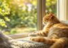 Hyperrealistic ginger tabby cat elegantly lounging on a plush window perch, bathed in warm afternoon sunlight, gazing intently out a large window at a lush green garden. Modern living room background, shallow depth of field, focus on the cat, detailed fur, whiskers, and textures. Photorealistic, no text.
