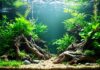 Aquarium einfahren: So gelingt der Start in die Aquaristik! Hyperrealistic wide shot of a newly set up aquarium. Lush green aquatic plants, natural substrate, detailed driftwood. Sunlight filtering through the water, creating realistic reflections and caustics. Sharp focus on textures. Photorealistic detail. No text, no letters, no writing.