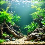 Hyperrealistic wide shot of a newly set up aquarium. Lush green aquatic plants, natural substrate, detailed driftwood. Sunlight filtering through the water, creating realistic reflections and caustics. Sharp focus on textures. Photorealistic detail. No text, no letters, no writing.