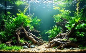 Aquarium einfahren: So gelingt der Start in die Aquaristik! Hyperrealistic wide shot of a newly set up aquarium. Lush green aquatic plants, natural substrate, detailed driftwood. Sunlight filtering through the water, creating realistic reflections and caustics. Sharp focus on textures. Photorealistic detail. No text, no letters, no writing.