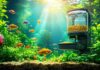 Aquarium Urlaub: So ist Ihr Aquarium auch während Ihrer Abwesenheit gut versorgt! Hyperrealistic photo of a vibrant freshwater aquarium with an automated feeder dispensing small flakes. Colorful fish swim amongst lush green plants in crystal-clear water. Sunlight rays filter through the water. Detailed textures, natural lighting, incredible realism. NO TEXT.
