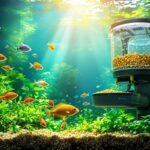 Hyperrealistic photo of a vibrant freshwater aquarium with an automated feeder dispensing small flakes. Colorful fish swim amongst lush green plants in crystal-clear water. Sunlight rays filter through the water. Detailed textures, natural lighting, incredible realism. NO TEXT.